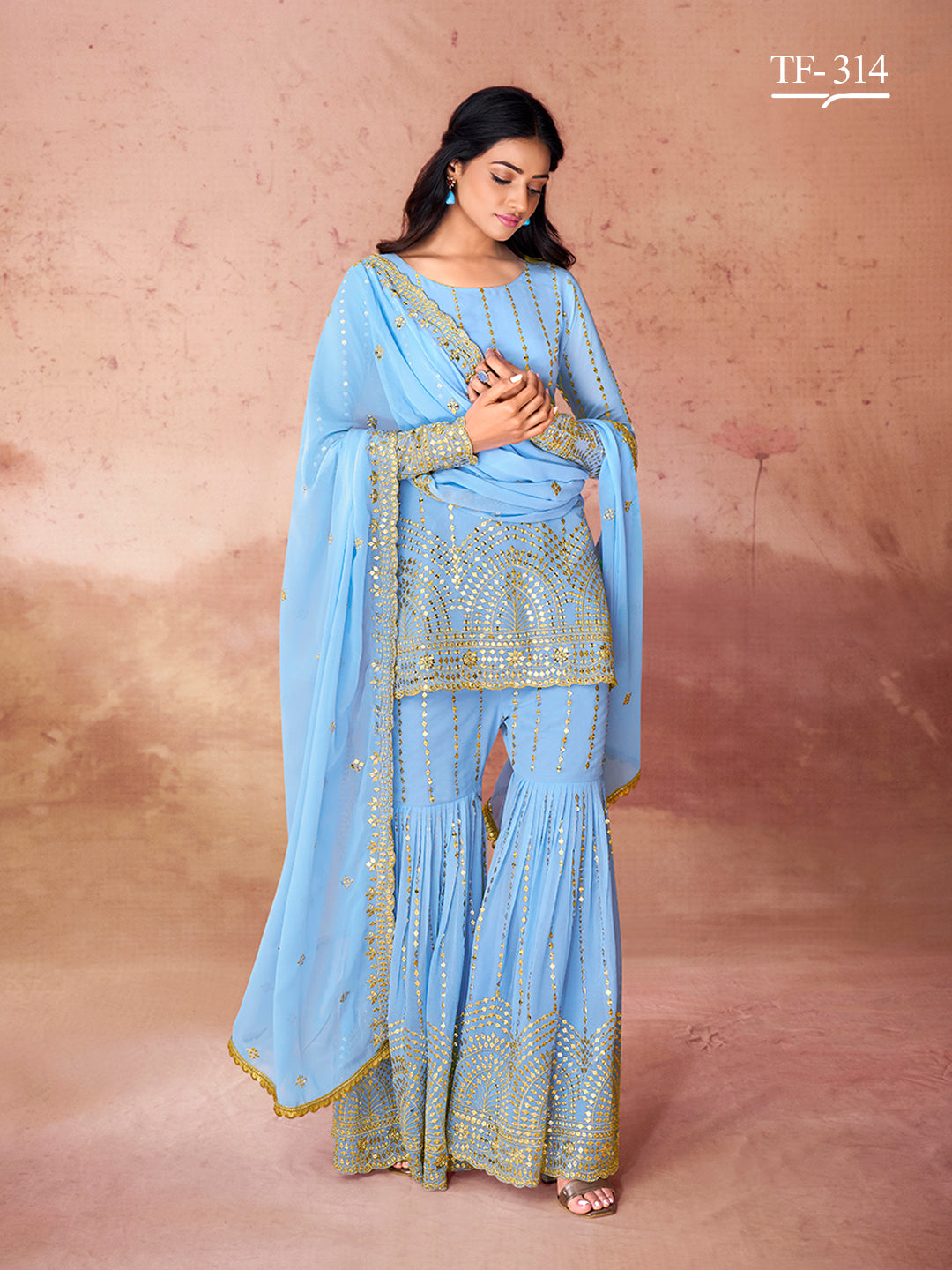 Stylish Sky Blue Sharara Set | Georgette Salwar Suit for Festive Wear