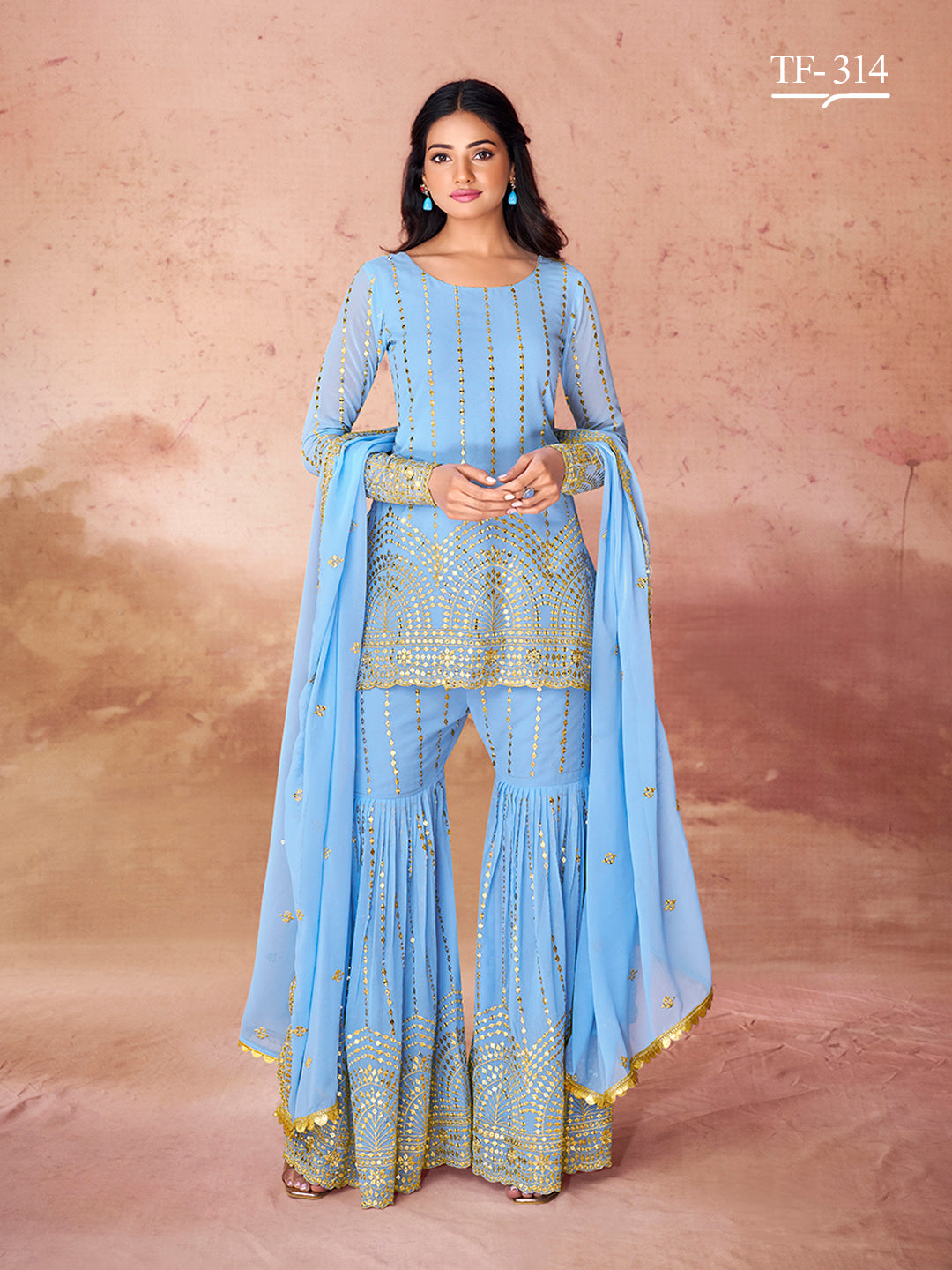 Stylish Sky Blue Sharara Set | Georgette Salwar Suit for Festive Wear