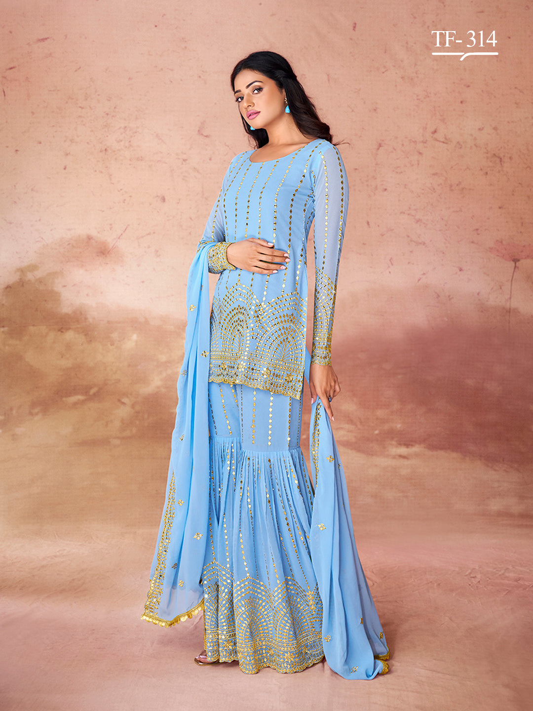 Stylish Sky Blue Sharara Set | Georgette Salwar Suit for Festive Wear