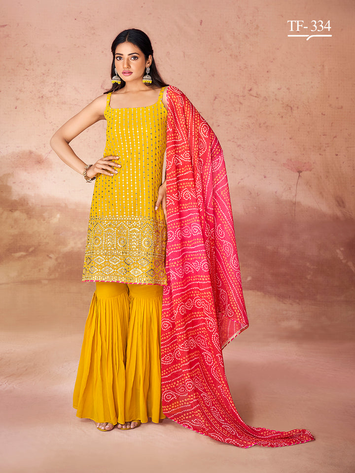 Mustard Georgette Salwar Kameez | Embroidered Festive Sharara Suit