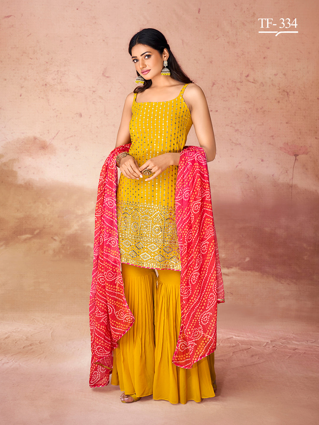 Mustard Georgette Salwar Kameez | Embroidered Festive Sharara Suit