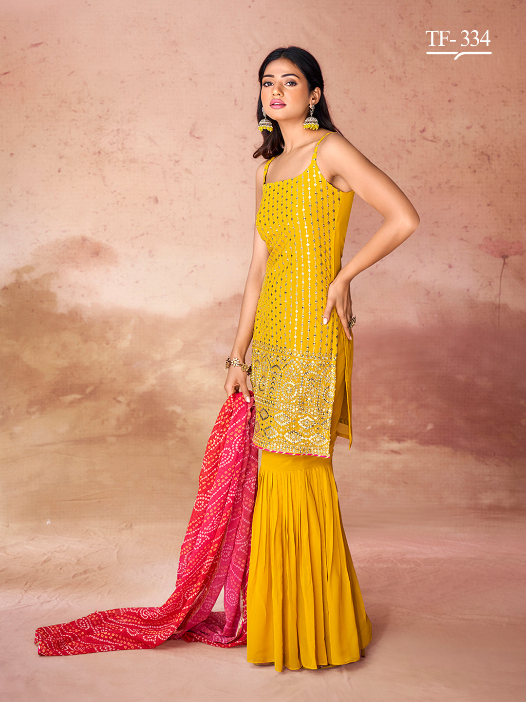 Mustard Georgette Salwar Kameez | Embroidered Festive Sharara Suit