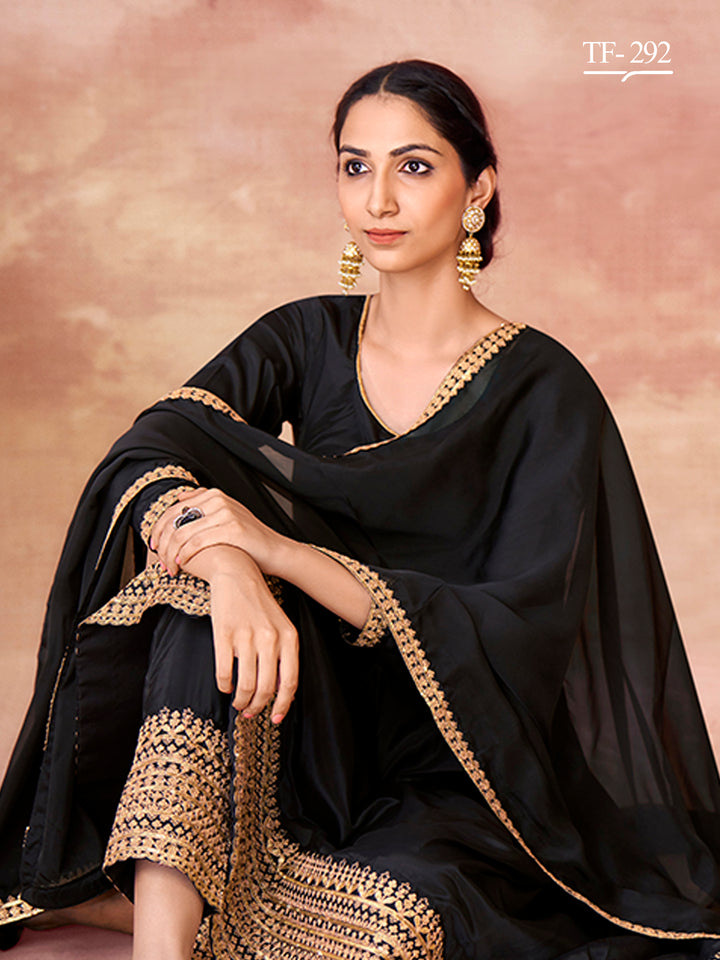 Black Crepe Salwar Kameez | Organza Dupatta Sharara Suit