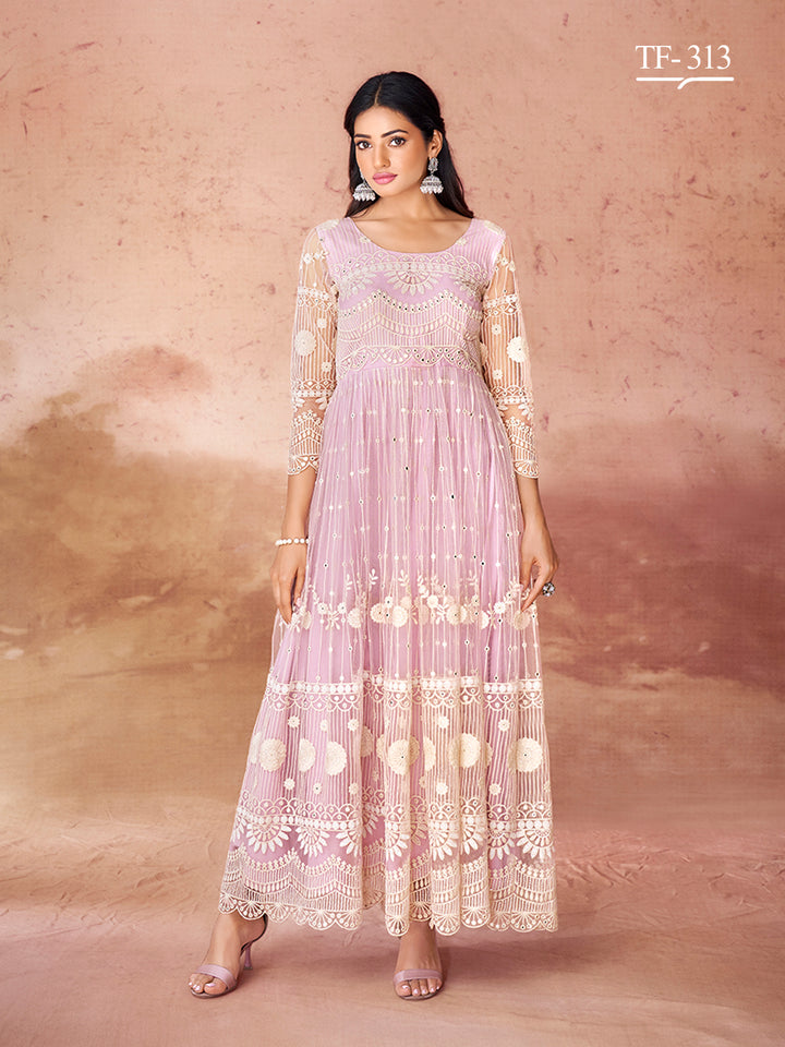 Baby Pink Net Salwar Kameez | Embroidered Festive Sharara Suit