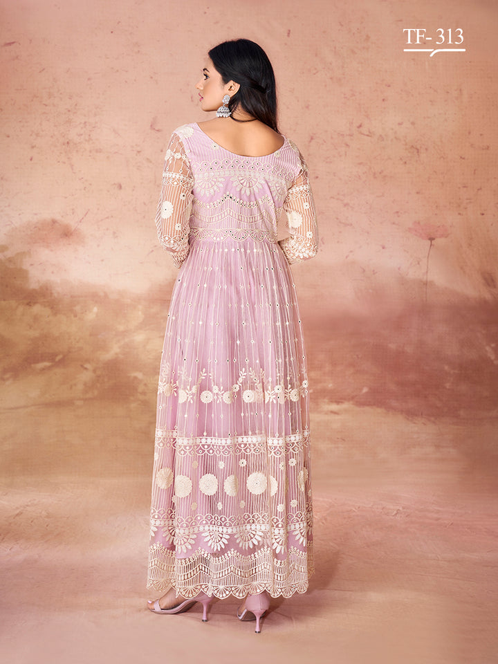 Baby Pink Net Salwar Kameez | Embroidered Festive Sharara Suit