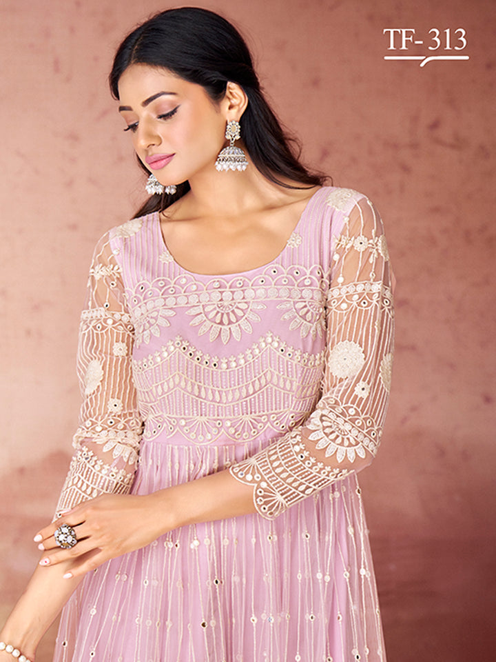 Baby Pink Net Salwar Kameez | Embroidered Festive Sharara Suit