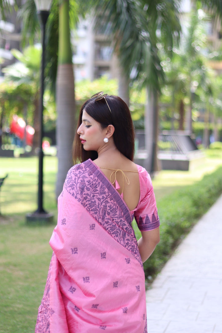 Traditional Banglori raw silk saree with intricate handloom butties and woven pallu