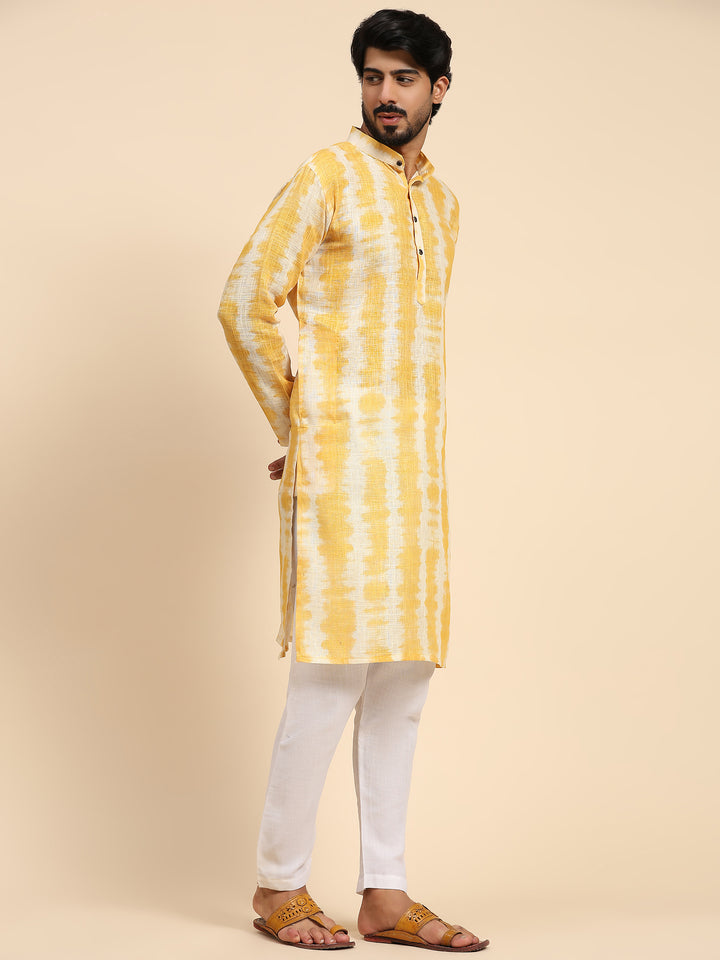 Haldi Ceremony Kurta Pajama for Men | Stylish Linen with Tie-Dye Prints