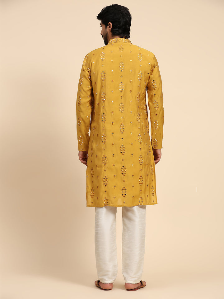 Designer Men's Silk Kurta Set | Mirror Work for Haldi Celebrations