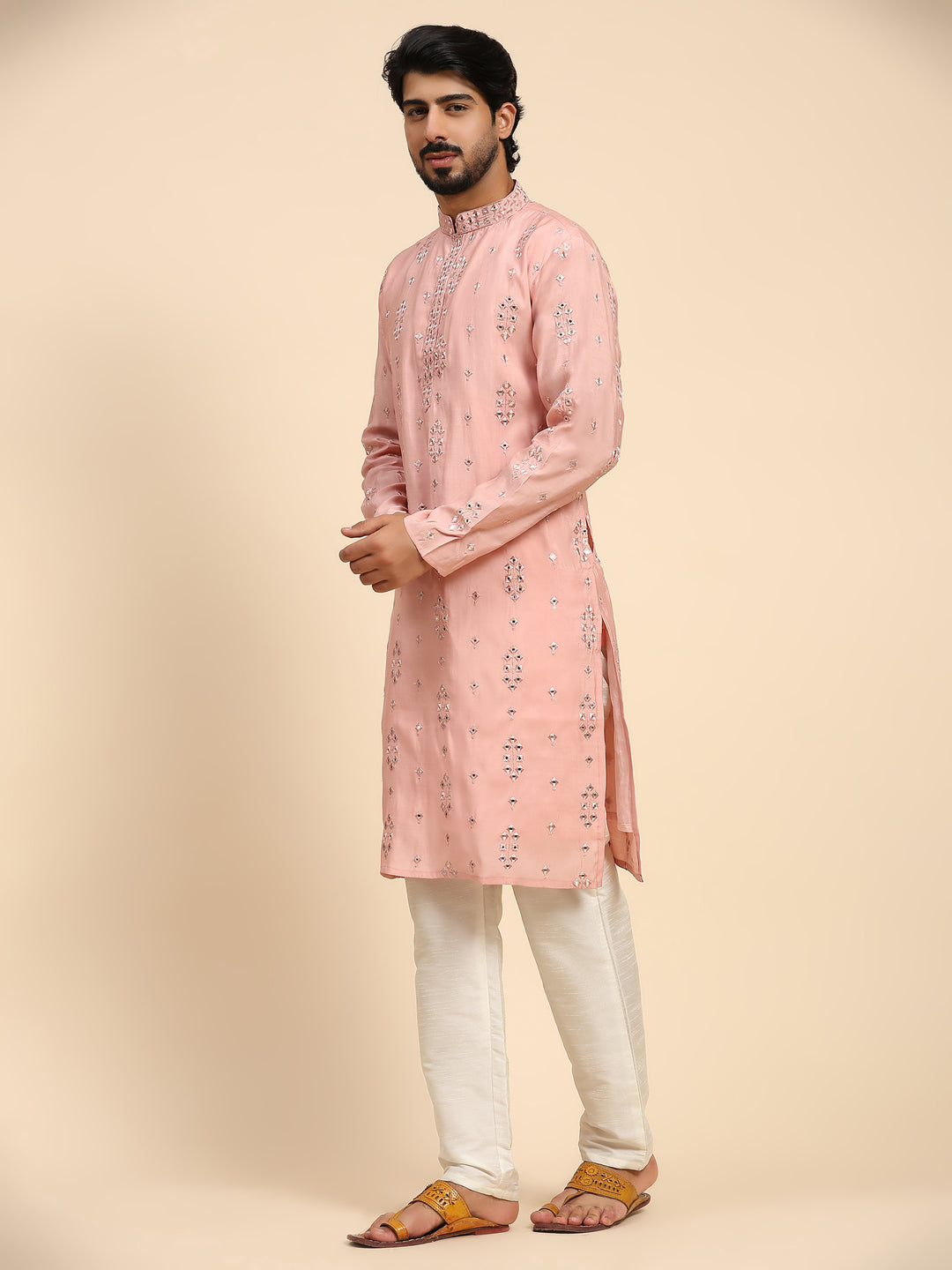 Designer Men's Silk Kurta Set | Mirror Work for Haldi Celebrations