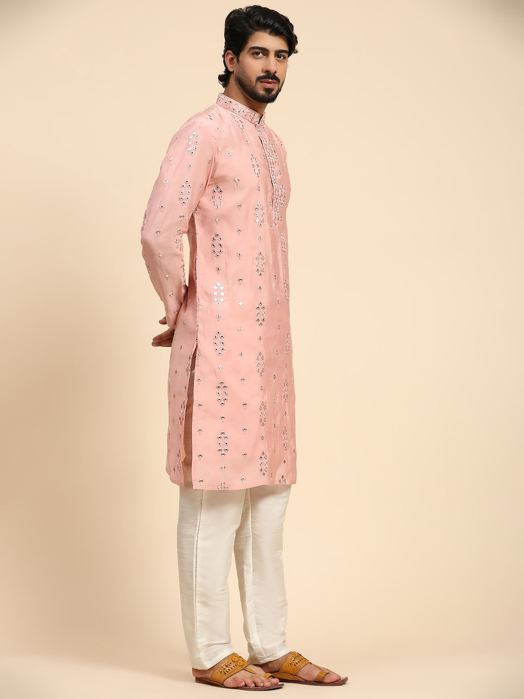 Designer Men's Silk Kurta Set | Mirror Work for Haldi Celebrations