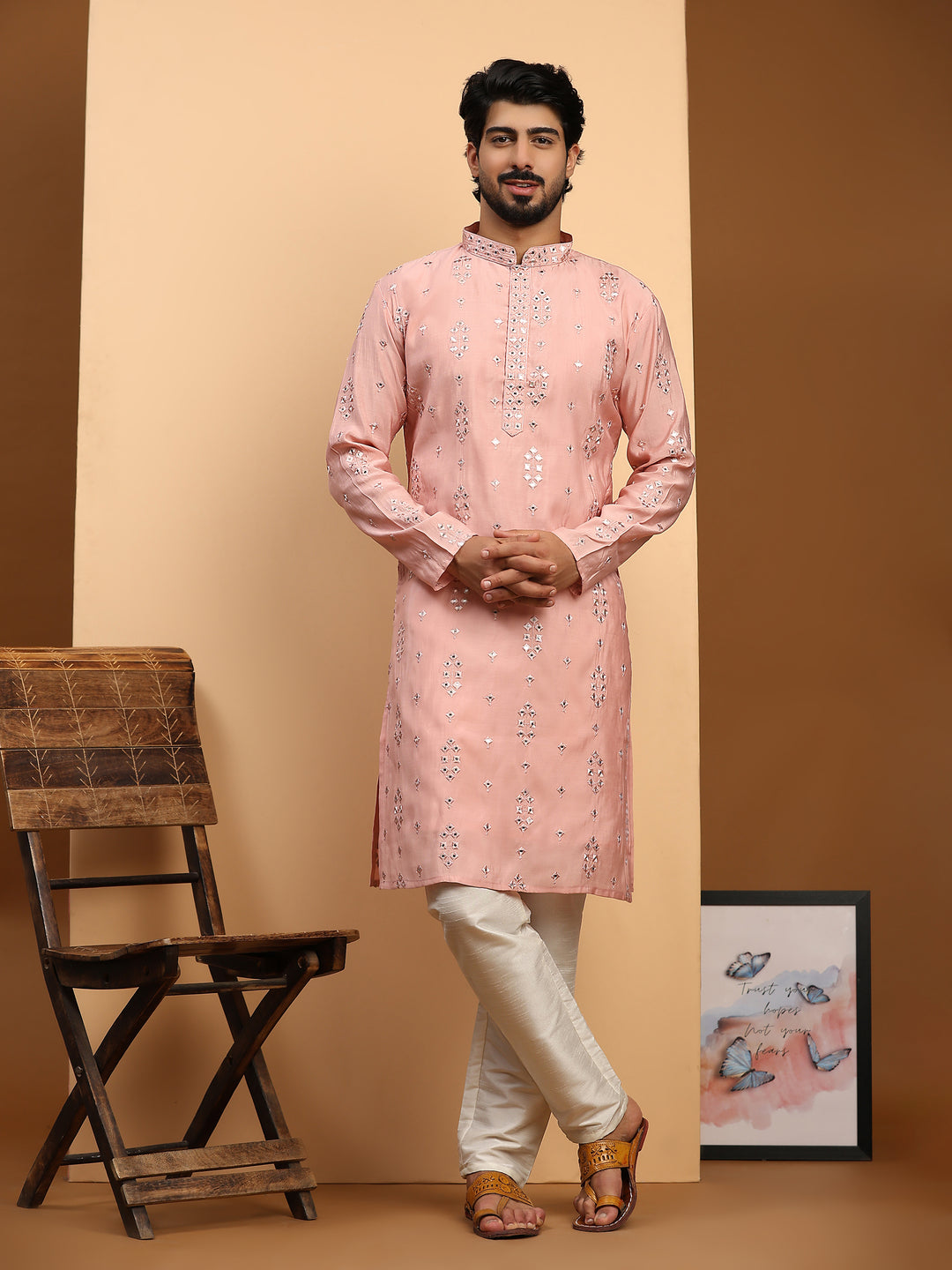 Designer Men's Silk Kurta Set | Mirror Work for Haldi Celebrations