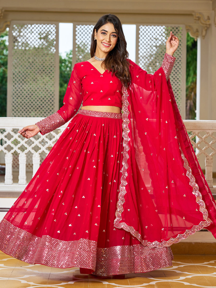 TantalizingÃƒâ€šÃ‚Â Red Sequins Georgette Wedding Lehenga Choli