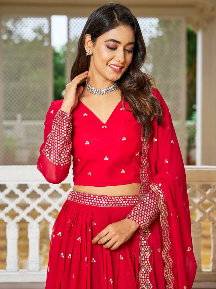 TantalizingÃƒâ€šÃ‚Â Red Sequins Georgette Wedding Lehenga Choli