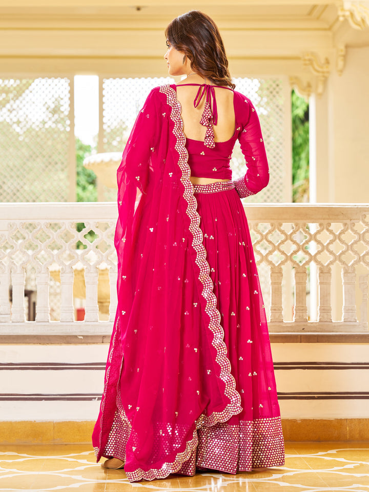 AlluringÃƒâ€šÃ‚Â Pink Sequins Georgette Engagement Wear Lehenga Choli