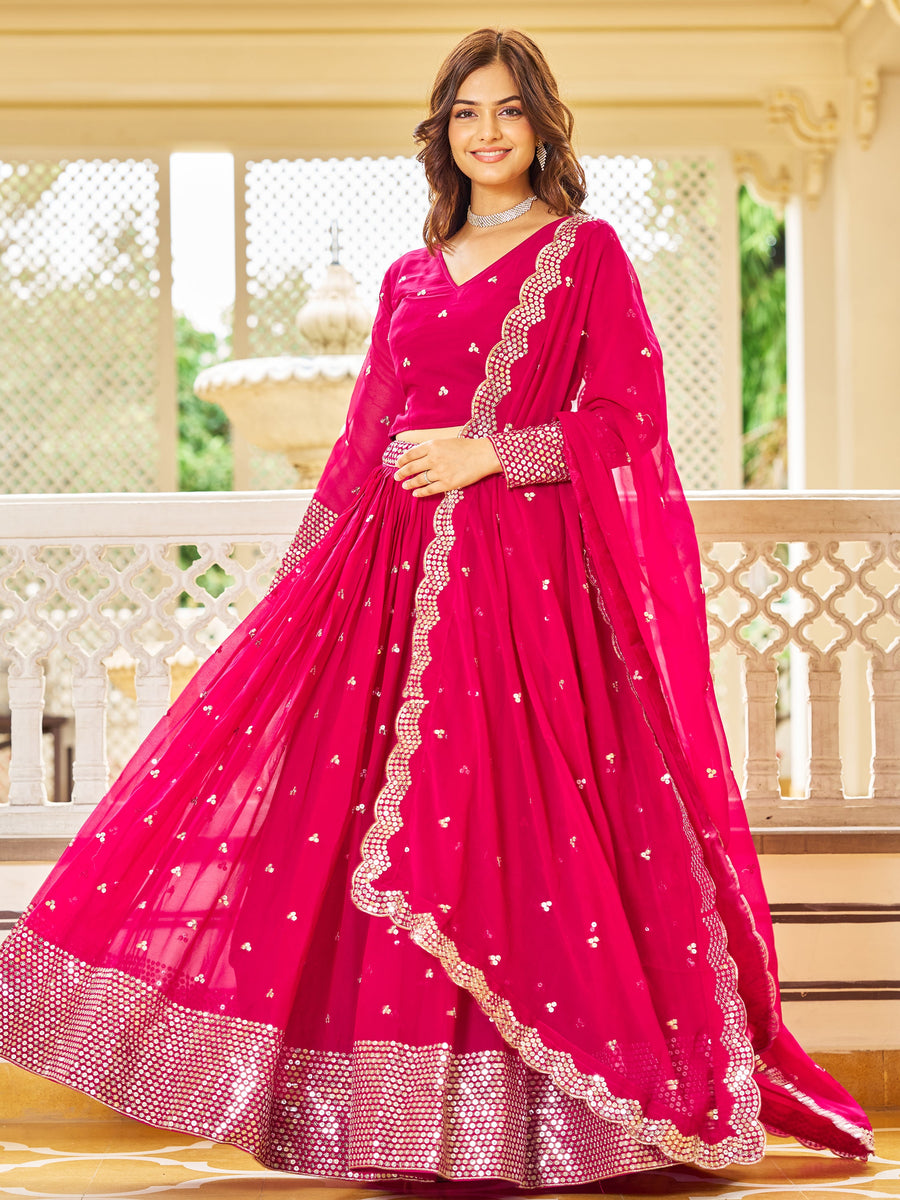 AlluringÃƒâ€šÃ‚Â Pink Sequins Georgette Engagement Wear Lehenga Choli