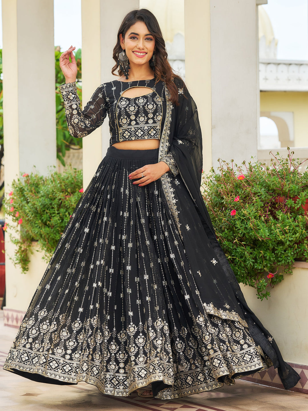 GlamorousÃ‚Â Black Embroidered Georgette Reception Wear Lehenga Choli