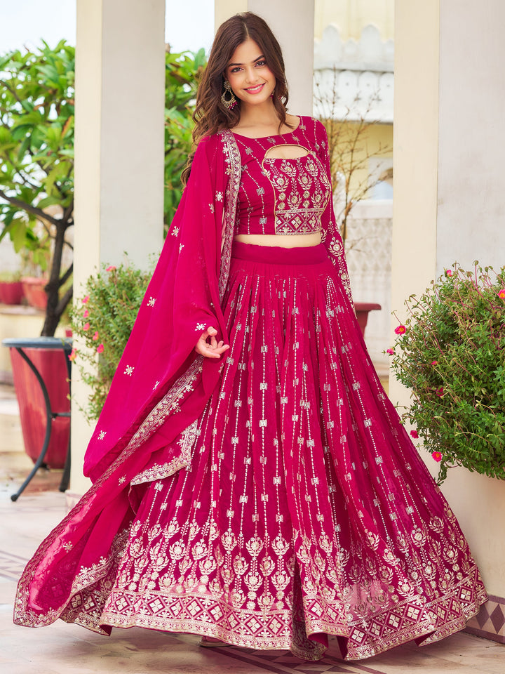 LovelyÃ‚Â Rani Pink Embroidered Georgette Engagement WearÃ‚Â Lehenga Choli