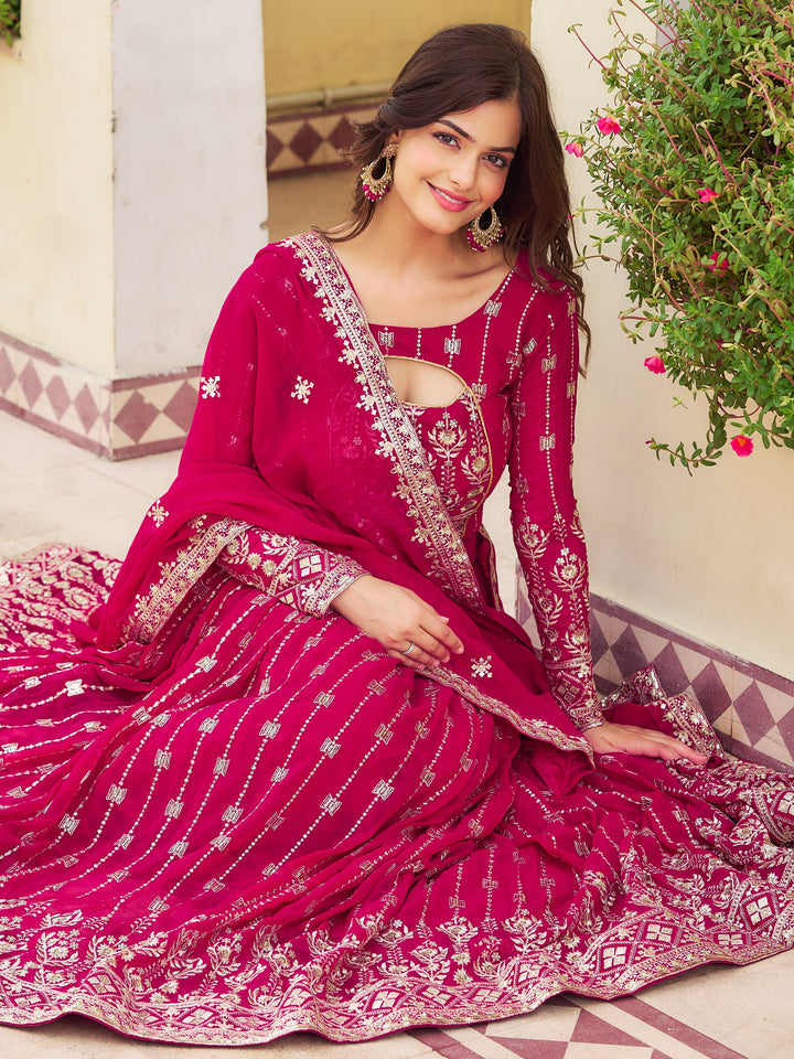 LovelyÃ‚Â Rani Pink Embroidered Georgette Engagement WearÃ‚Â Lehenga Choli