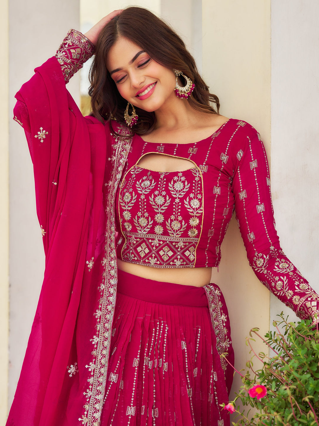 LovelyÃ‚Â Rani Pink Embroidered Georgette Engagement WearÃ‚Â Lehenga Choli