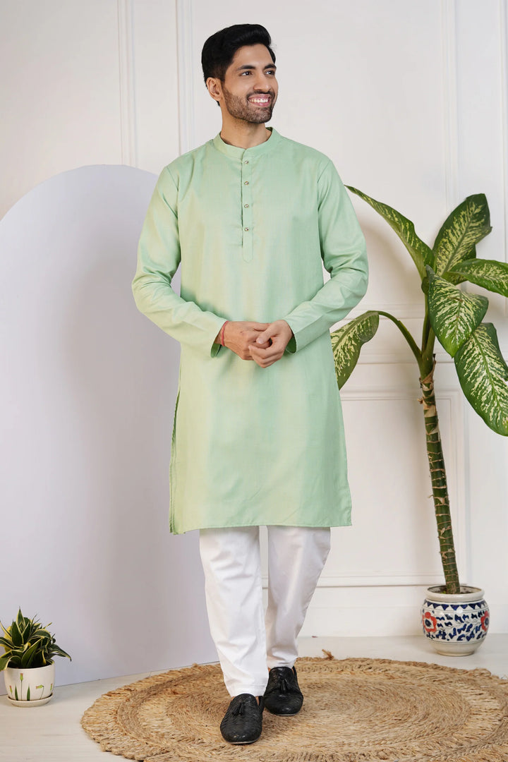 Green Kurta with White Pyjama for Men