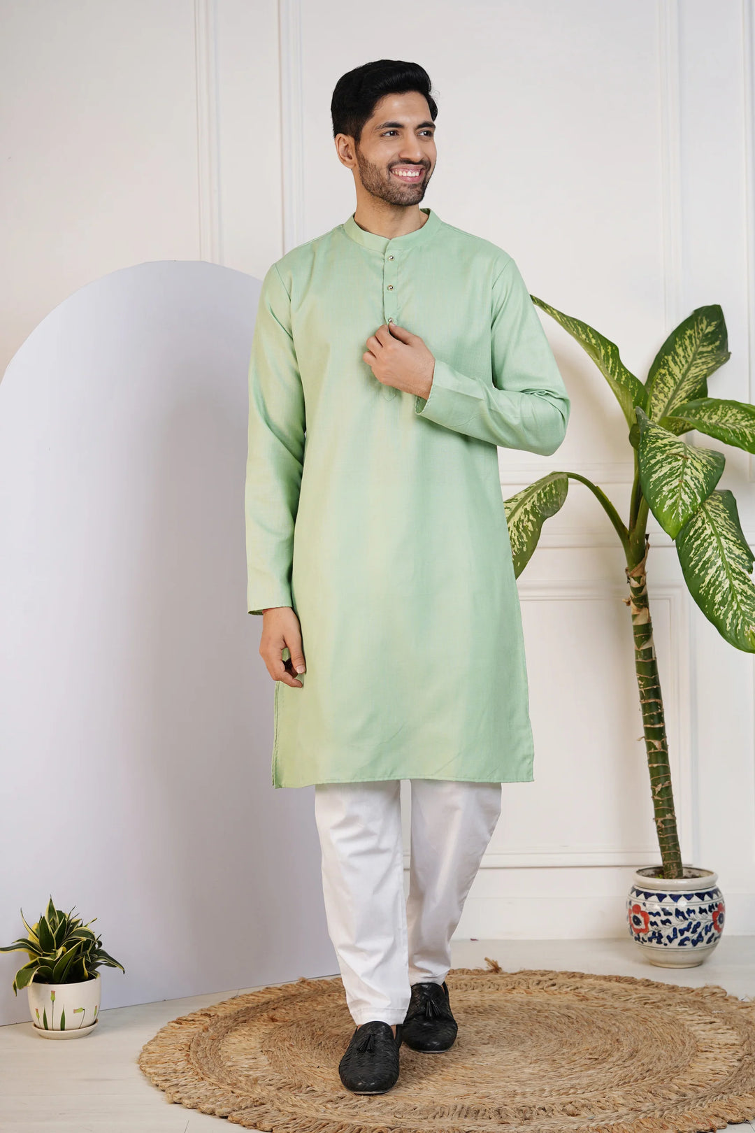 Green Kurta with White Pyjama for Men