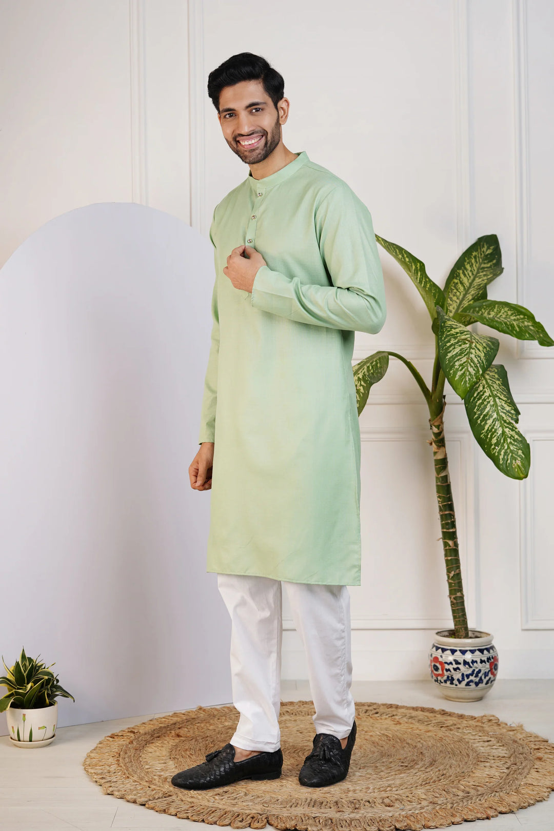 Green Kurta with White Pyjama for Men