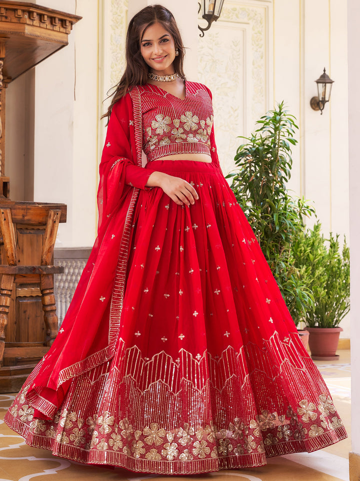 Fantastic Red Sequins Georgette Wedding Wear Lehenga Choli