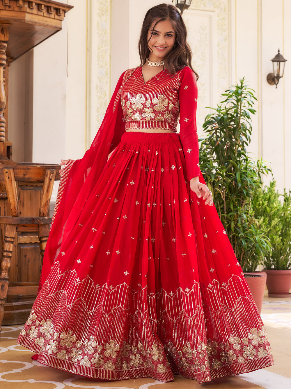 Fantastic Red Sequins Georgette Wedding Wear Lehenga Choli