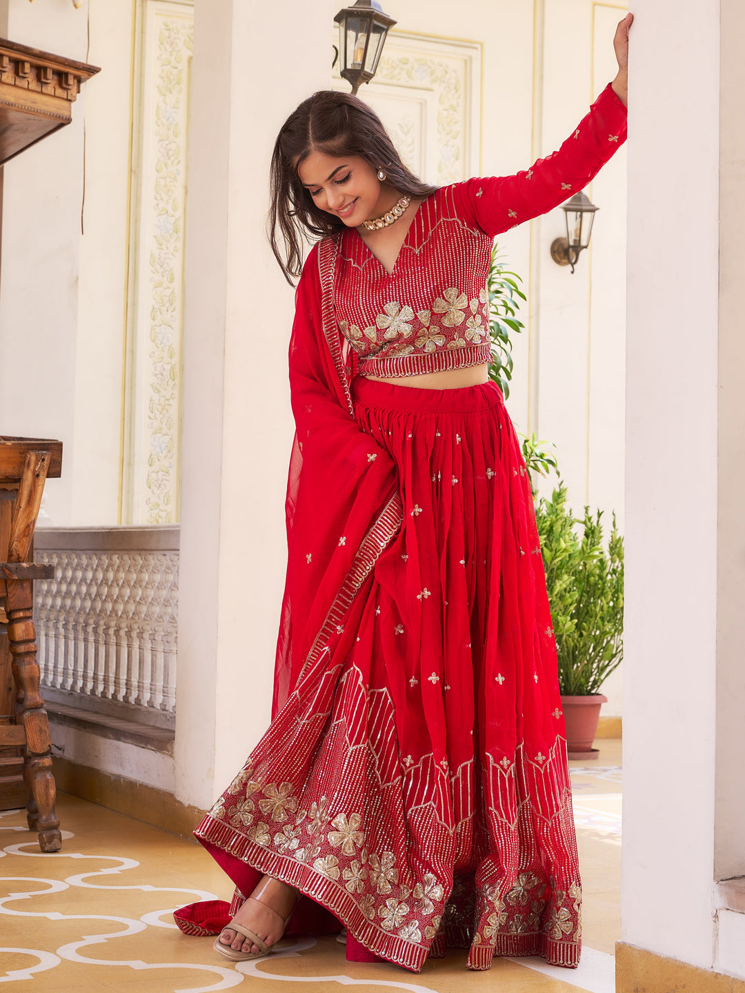 Fantastic Red Sequins Georgette Wedding Wear Lehenga Choli