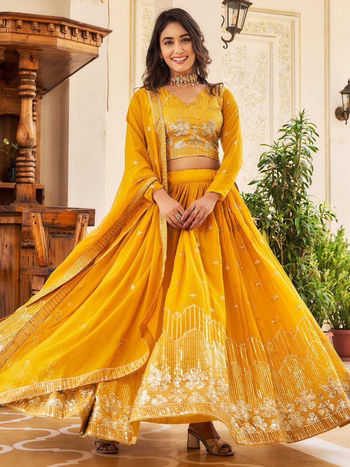 Awesome Yellow Embroidered Georgette Lehenga Choli With Dupatta