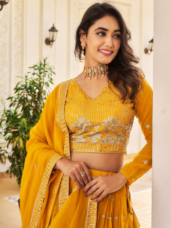 Awesome Yellow Embroidered Georgette Lehenga Choli With Dupatta