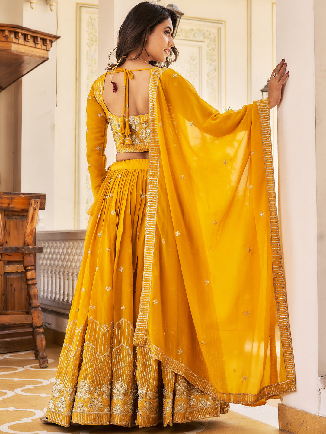 Awesome Yellow Embroidered Georgette Lehenga Choli With Dupatta