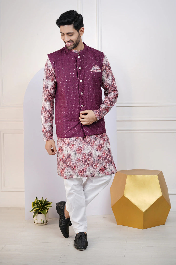 Wine Floral kurta with Wine Jacket and White Pyjama for Men