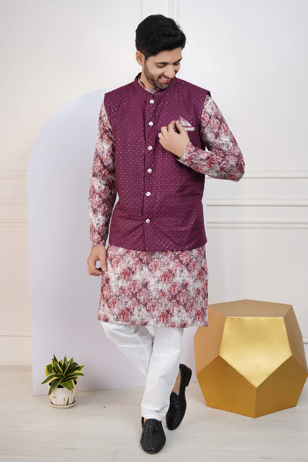 Wine Floral kurta with Wine Jacket and White Pyjama for Men