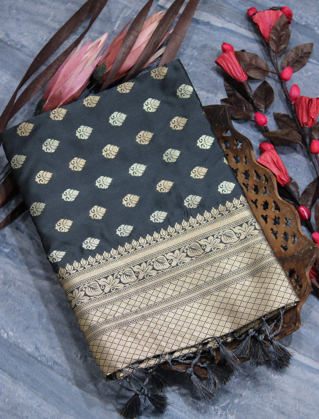 Banarasi Katan silk saree featuring pure zari weaving, tassels, and woven pallu