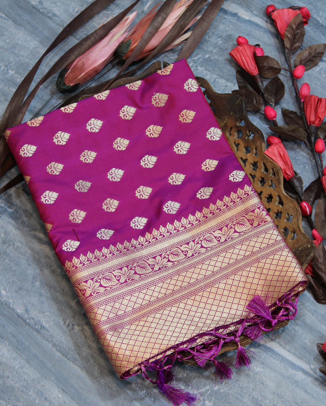 Banarasi Katan silk saree with a gorgeous weaving pallu and fancy tassels