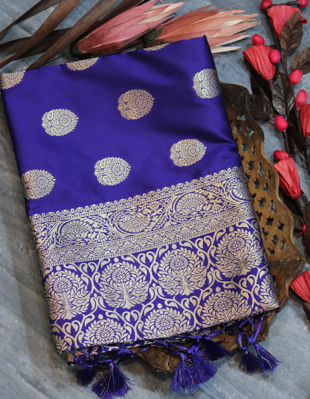 Banarasi Katan silk saree with beautiful zari border, woven pallu, and fancy tassels