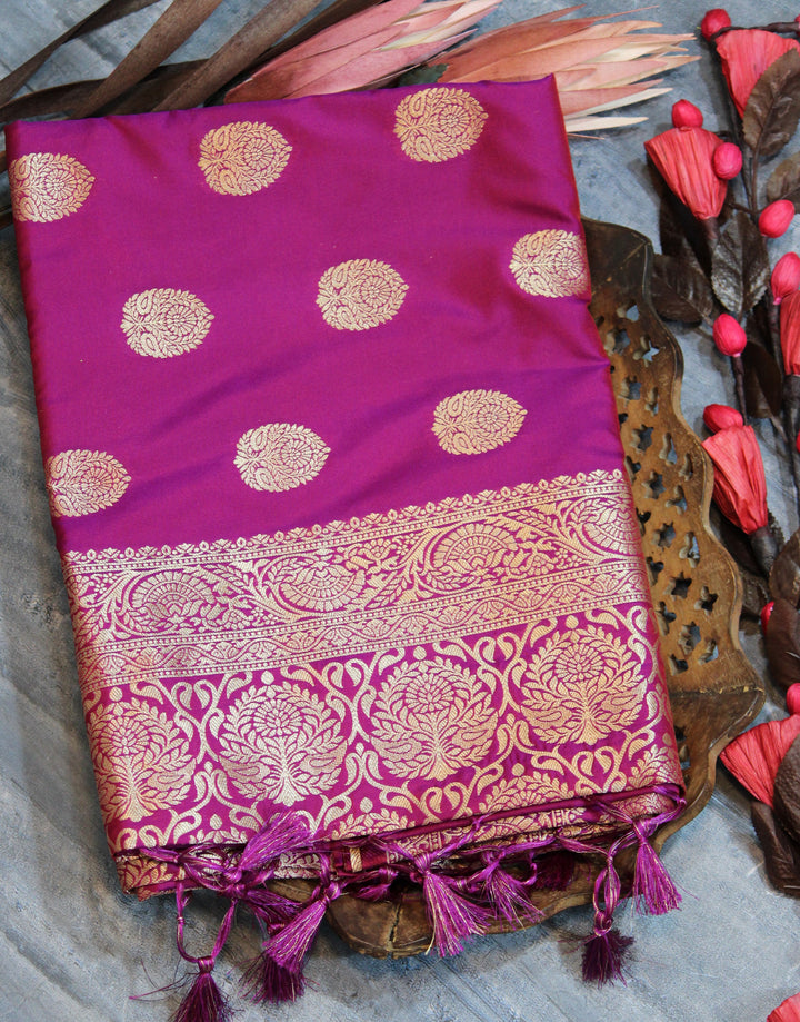 Soft Banarasi Katan silk saree with beautiful zari weaving and decorative tassels