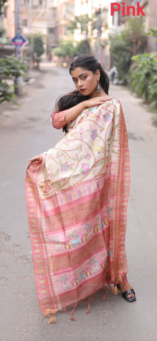 Soft Tussar silk saree with beautiful print and Ghicha-style pallu