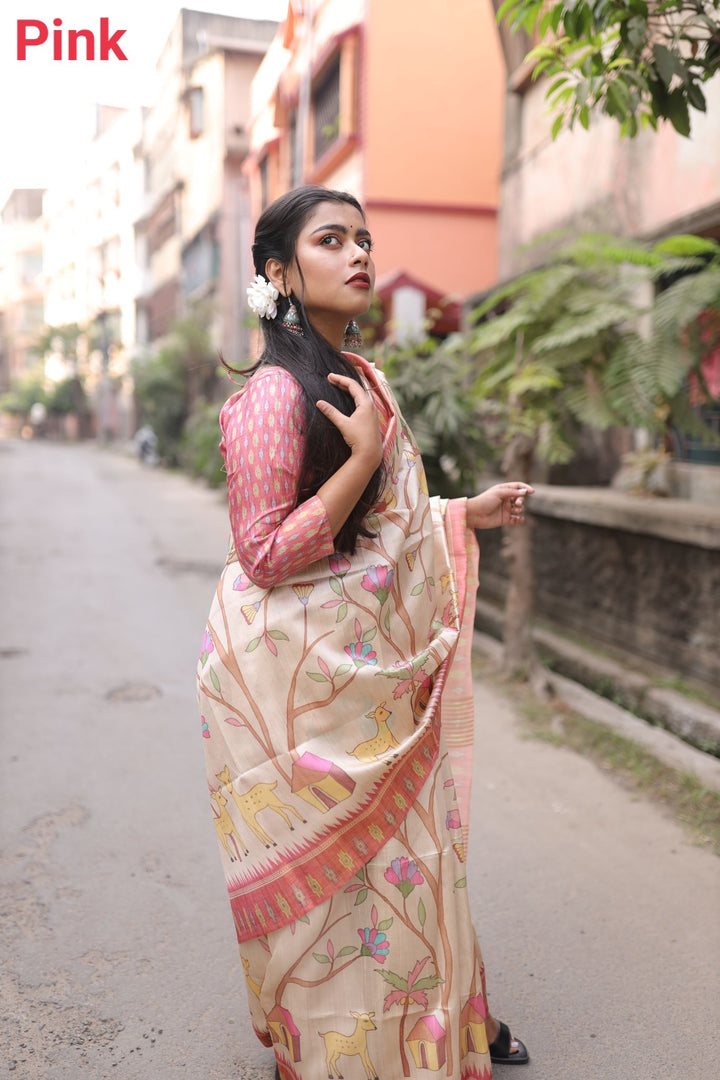 Tussar silk saree with Ghicha pallu, all-over print, and tassels