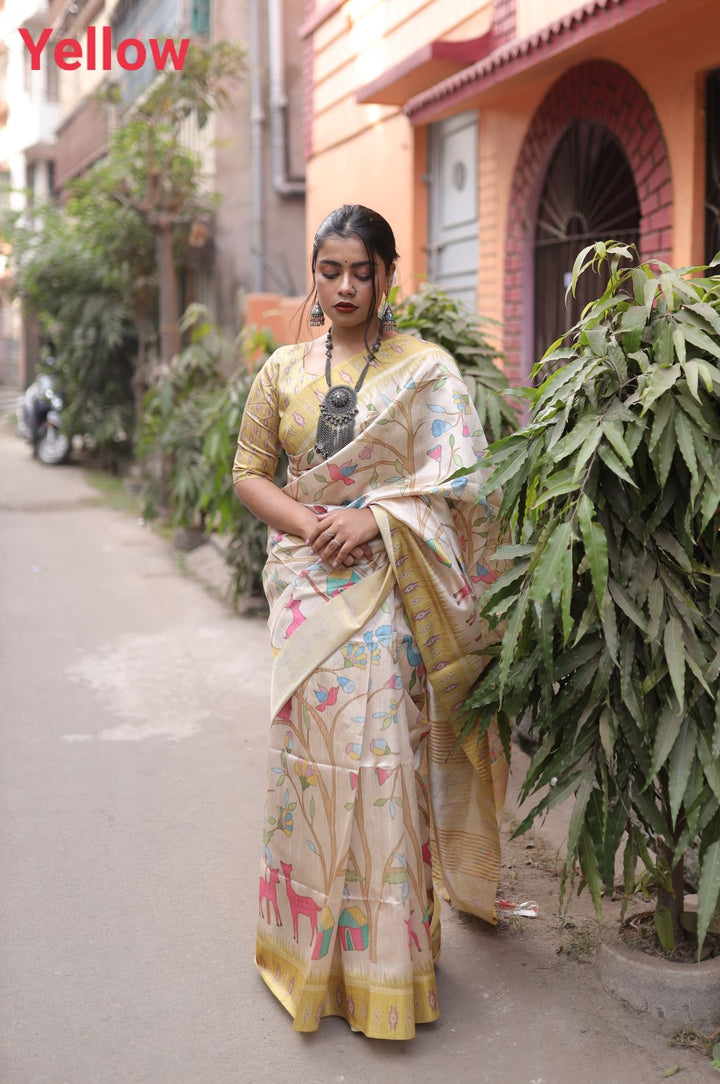 Gorgeous Tussar silk saree with Ghicha pallu and contrast blouse piece