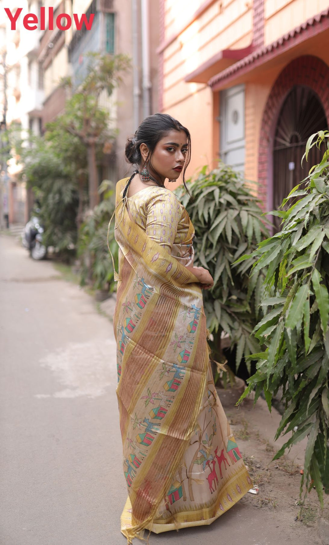 Tussar silk saree with unique print and Ghicha-style pallu with tassels