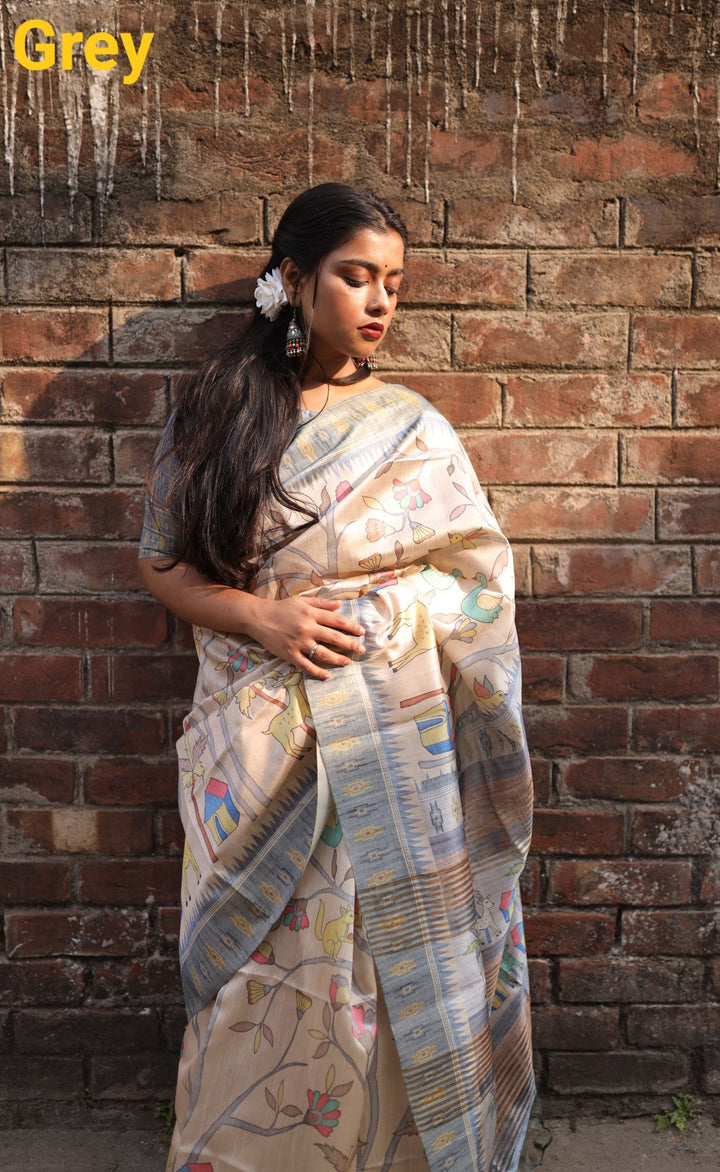 Soft Tussar silk saree with contrast blouse piece and Ghicha pallu