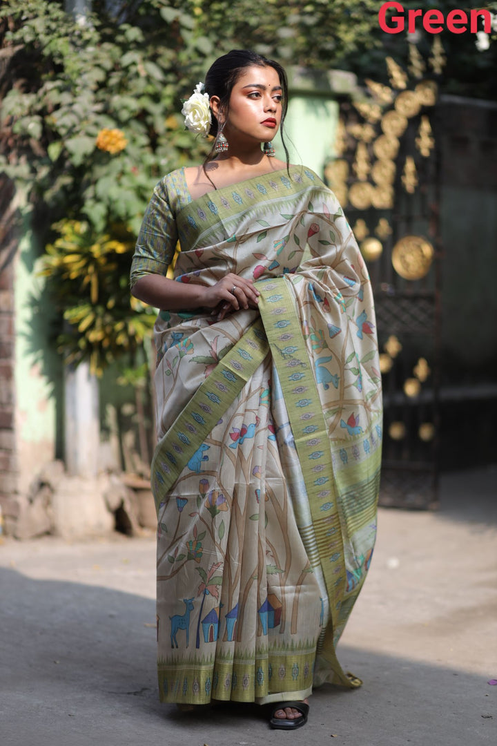 Tussar silk saree with Ghicha pallu, tassels, and contrast blouse piece