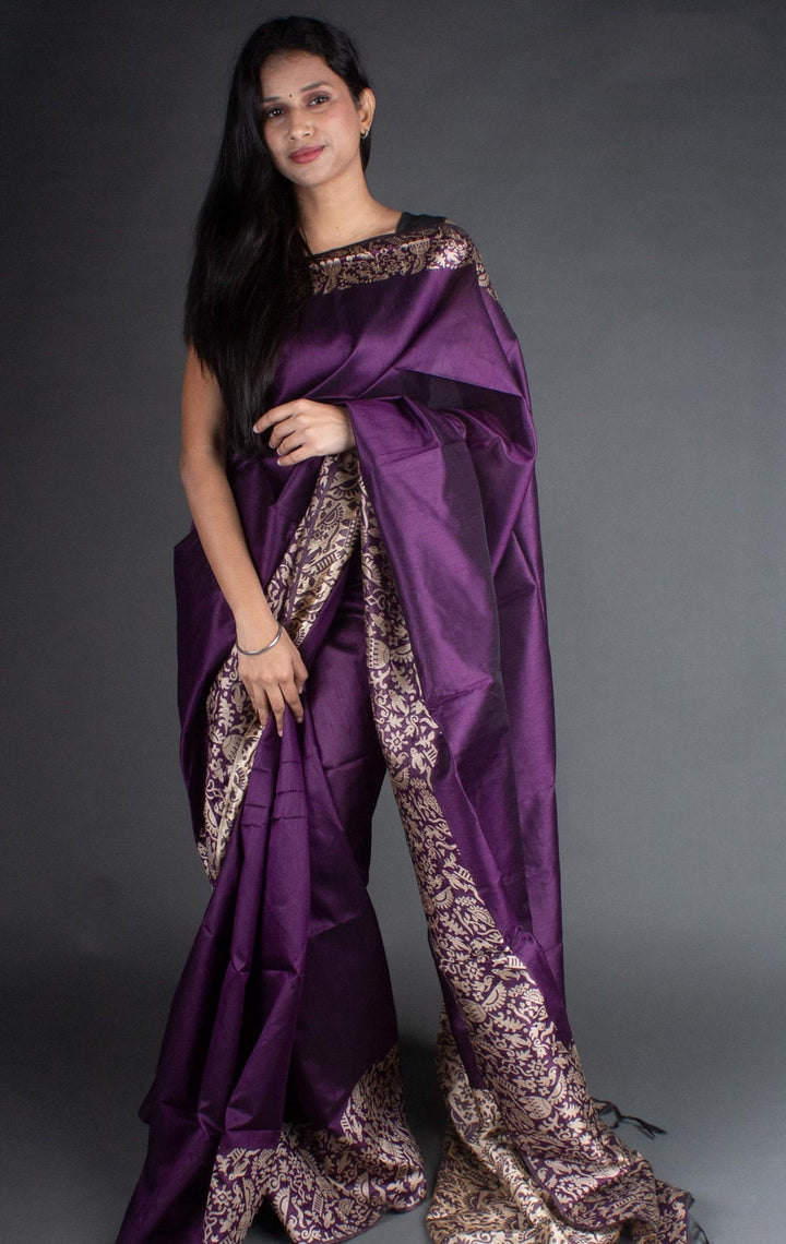 Elegant purple Banglori handloom raw silk saree with a rich pallu, perfect for weddings.