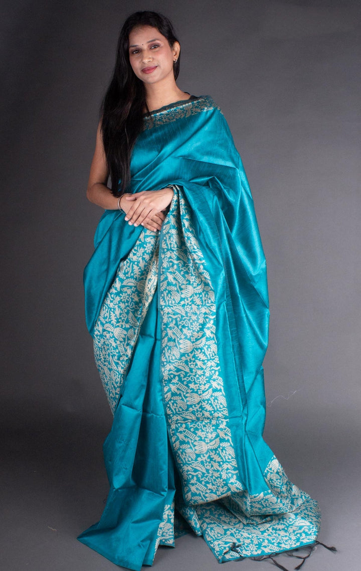 Sea blue Banglori handloom raw silk saree with a rich pallu, perfect for weddings and festive events.