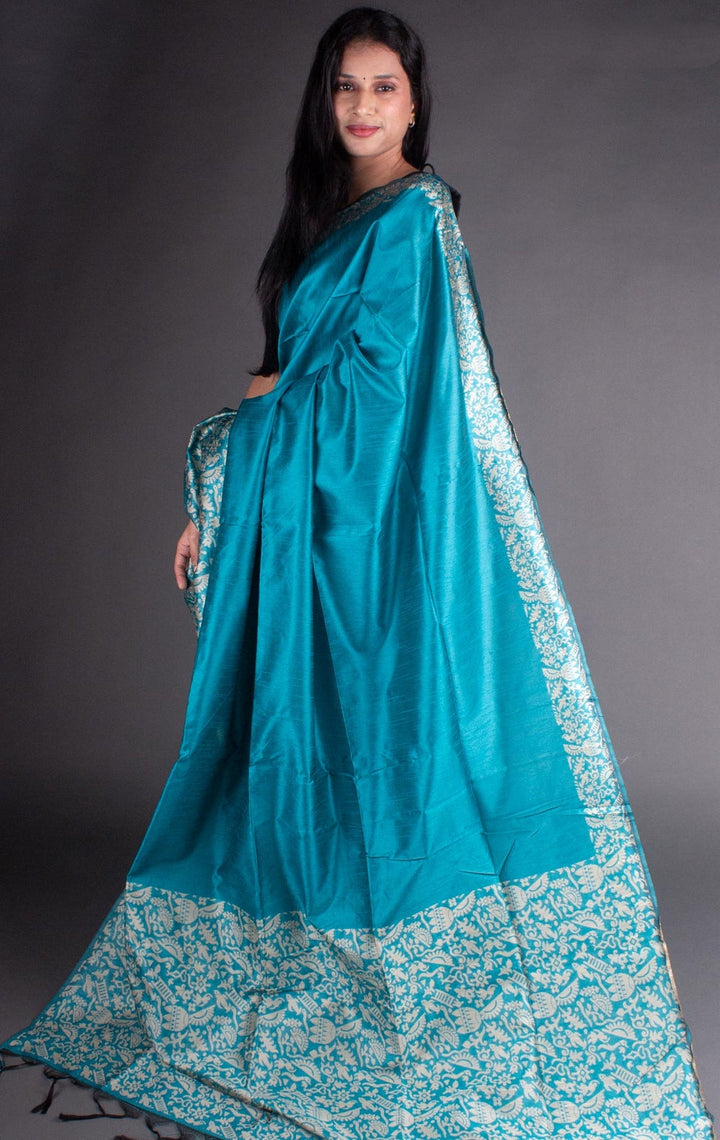 Timeless sea blue Banglori raw silk saree with a luxurious pallu, perfect for cultural celebrations.