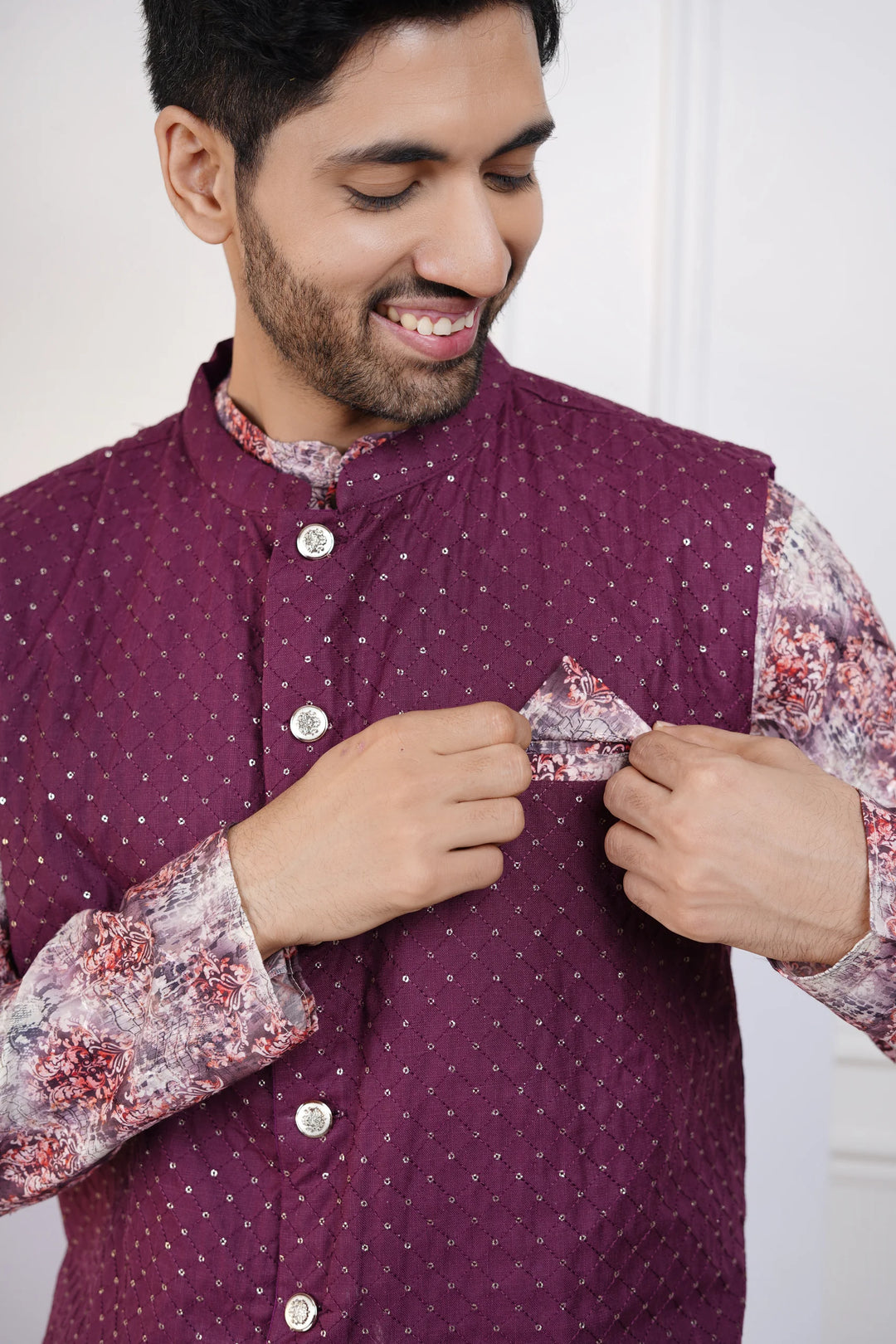 Wine Floral kurta with Wine Jacket and White Pyjama for Men