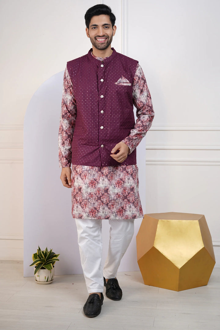 Wine Floral kurta with Wine Jacket and White Pyjama for Men